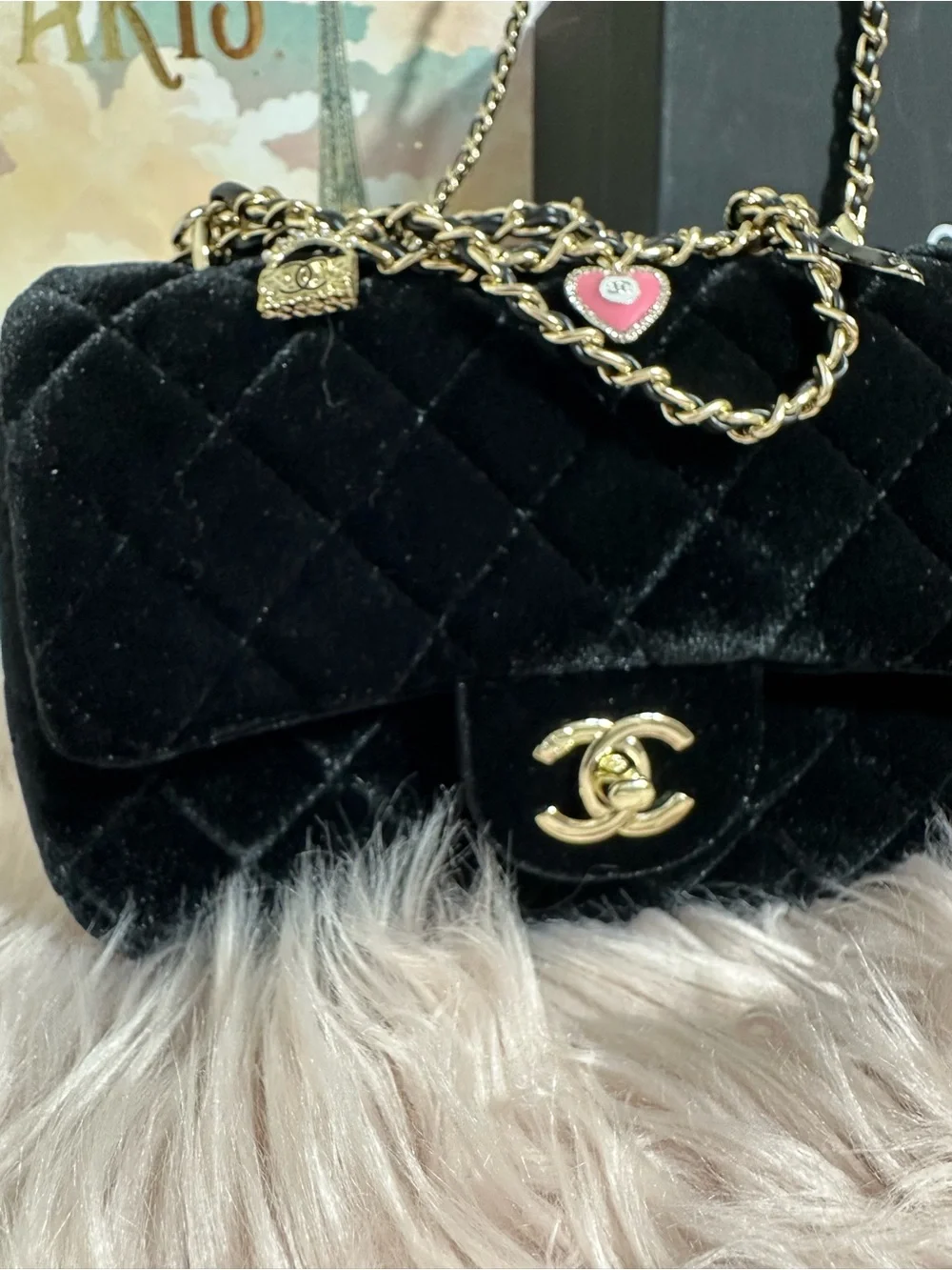 GWP Black Quilted Velvet Mini Shoulder Bag with Gold Chain and Charms